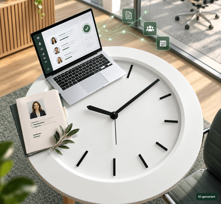 Recruiting Prozessoptimierung Zwei Personen in einem modernen Büro unterhalten sich über einen Laptop.