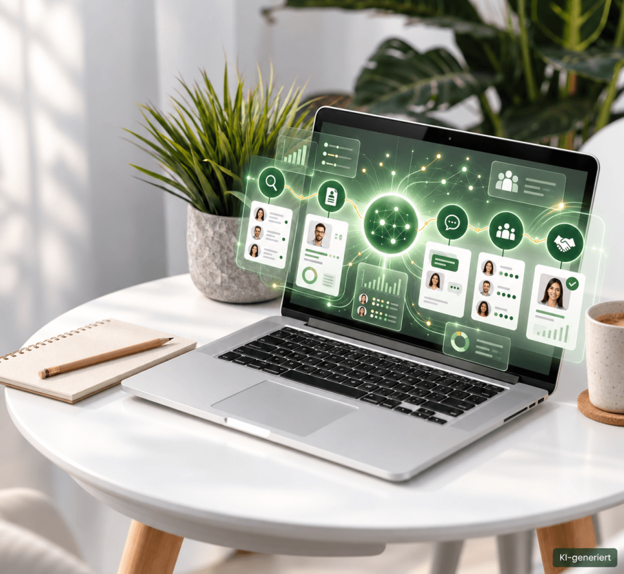 Recruiting Outsourcing Geschäftsmann analysiert Daten auf einem Tablet vor digitalen Grafiken und Gehirn-Visualisierung.